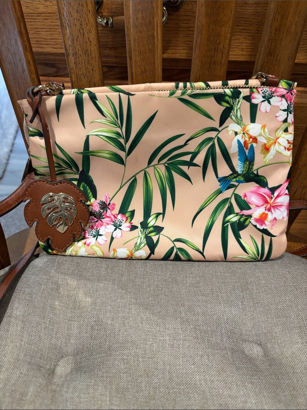 Tropical Floral Crossbody Bag in Peach with Green Leaves
